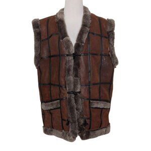 Diem Lambskin Leather Vest Adult Size Large Brown Shearling Lined Full Zip
